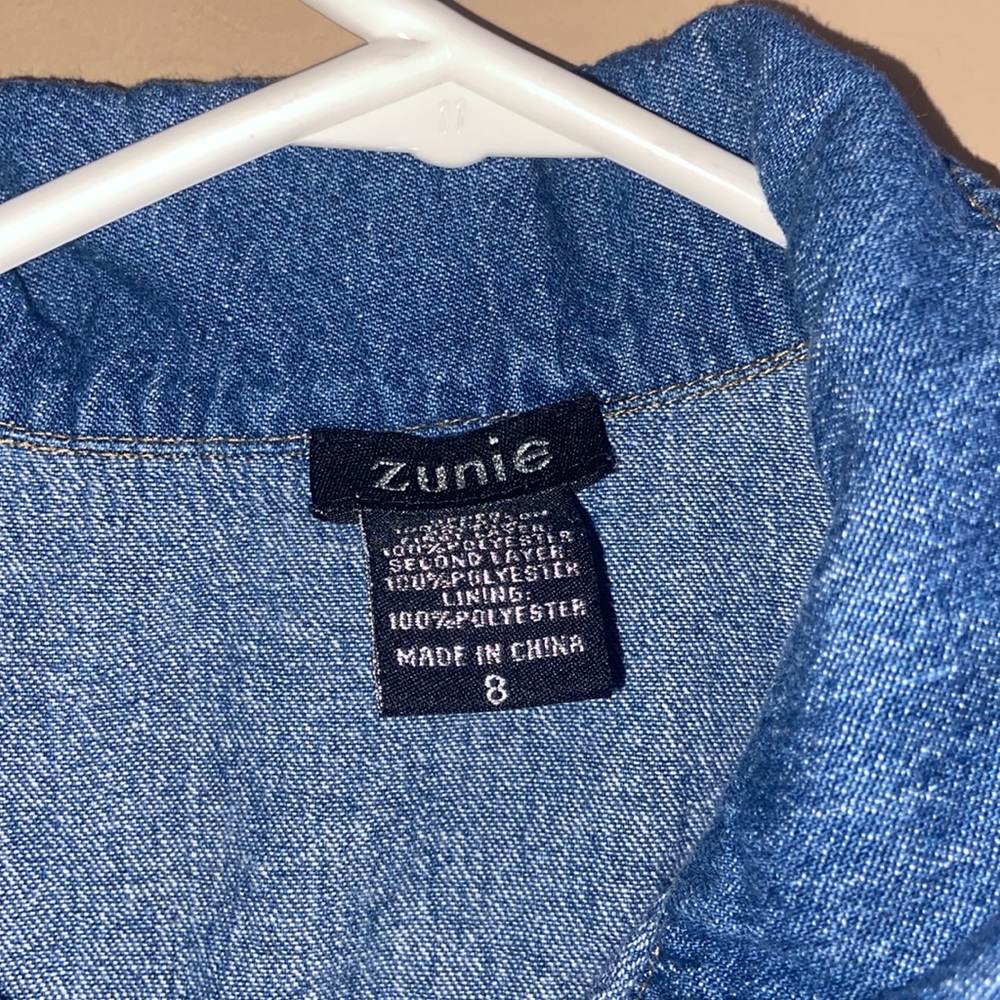 Zunie Sleeveless Denim-Bodice/Printed Mesh Skirted Fit-And-Flare Dress girl 8 - Picture 3 of 4